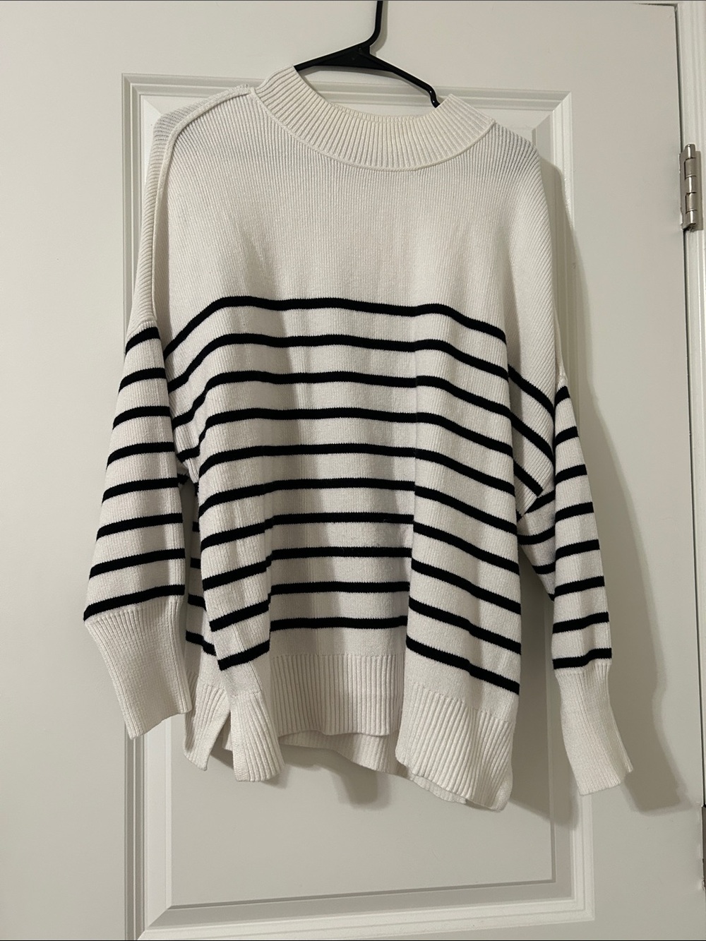 Women's White Crewneck Sweater with Black Stripes